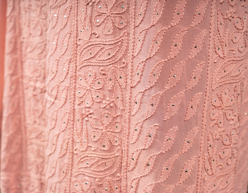 Peach Amber Georgette Unstitched Chikankari Suit Set