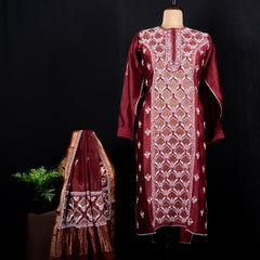Red Silk Chikankari Suit Set with Ghaspatti & Phanda embroidery on mannequin