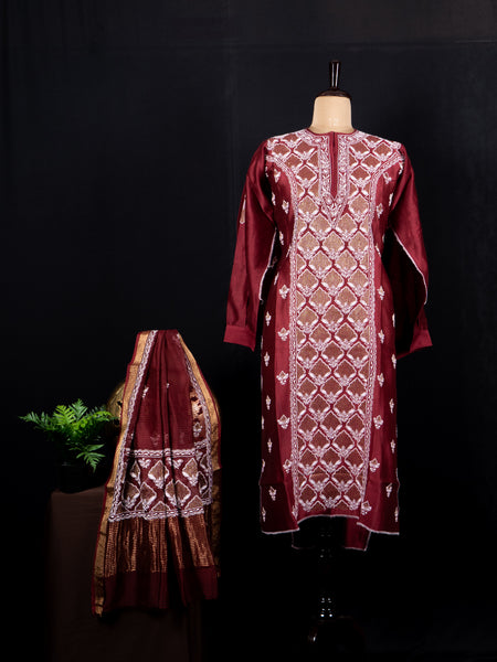Red Silk Chikankari Suit Set with Ghaspatti & Phanda embroidery on mannequin