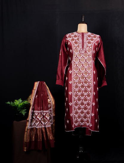 Red Silk Chikankari Suit Set with Ghaspatti & Phanda embroidery on mannequin