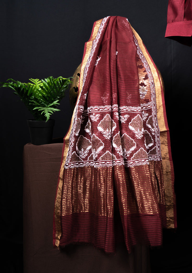 Red Silk Semistitched Chikankari Suit Set