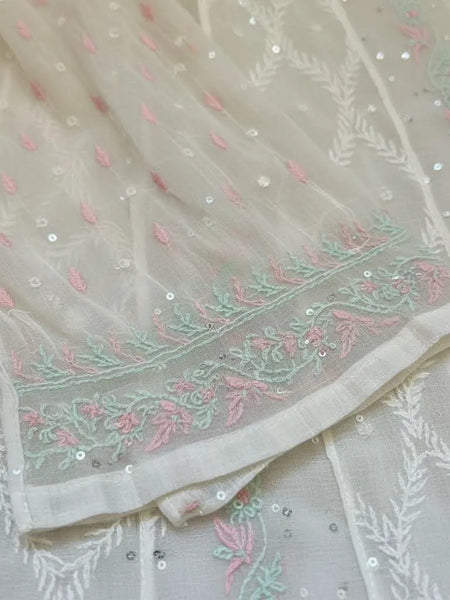 White Semistitched Anarkali Kurta Dupatta Set With Multicolored Kali's