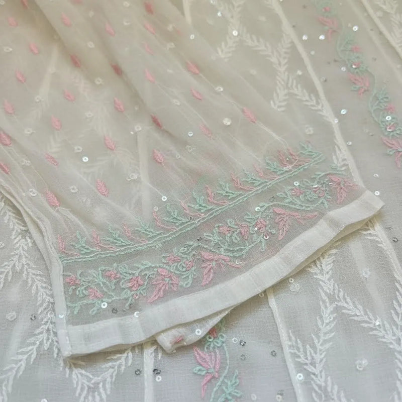White Semistitched Anarkali Kurta Dupatta Set With Multicolored Kali's