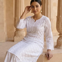 Resham Chikan Readymade Viscose Georgette Kurta White