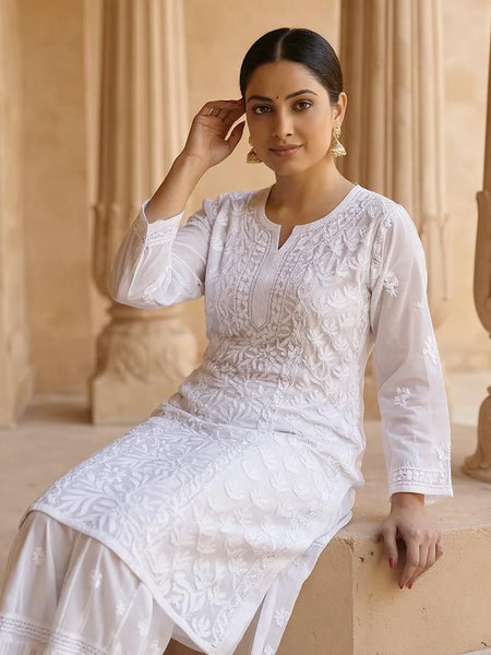 Resham Chikan Readymade Viscose Georgette Kurta White