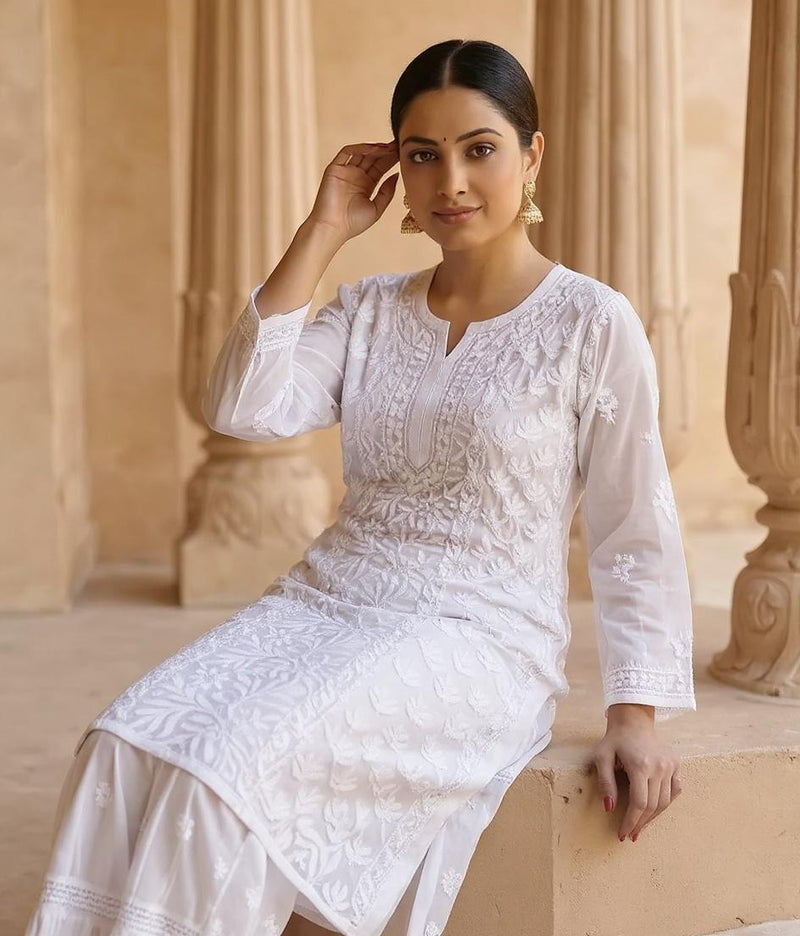 Resham Chikan Readymade Viscose Georgette Kurta White