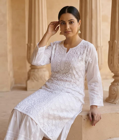 Resham Chikan Readymade Viscose Georgette Kurta White