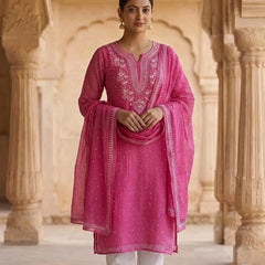 Nazaarat Mulchanderi Semistitched Pink Suit With Swarovski Pearl Work