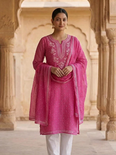 Nazaarat Mulchanderi Semistitched Pink Suit With Swarovski Pearl Work