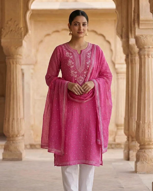 Nazaarat Mulchanderi Semistitched Pink Suit With Swarovski Pearl Work
