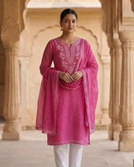 Nazaarat Mulchanderi Semistitched Pink Suit With Swarovski Pearl Work