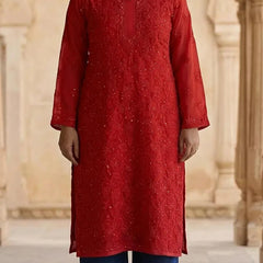 Resham Chikan Readymade Viscose Georgette Kurta Red
