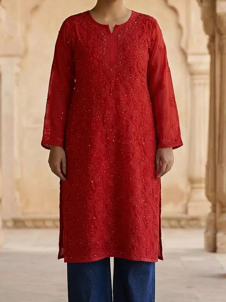 Resham Chikan Readymade Viscose Georgette Kurta Red
