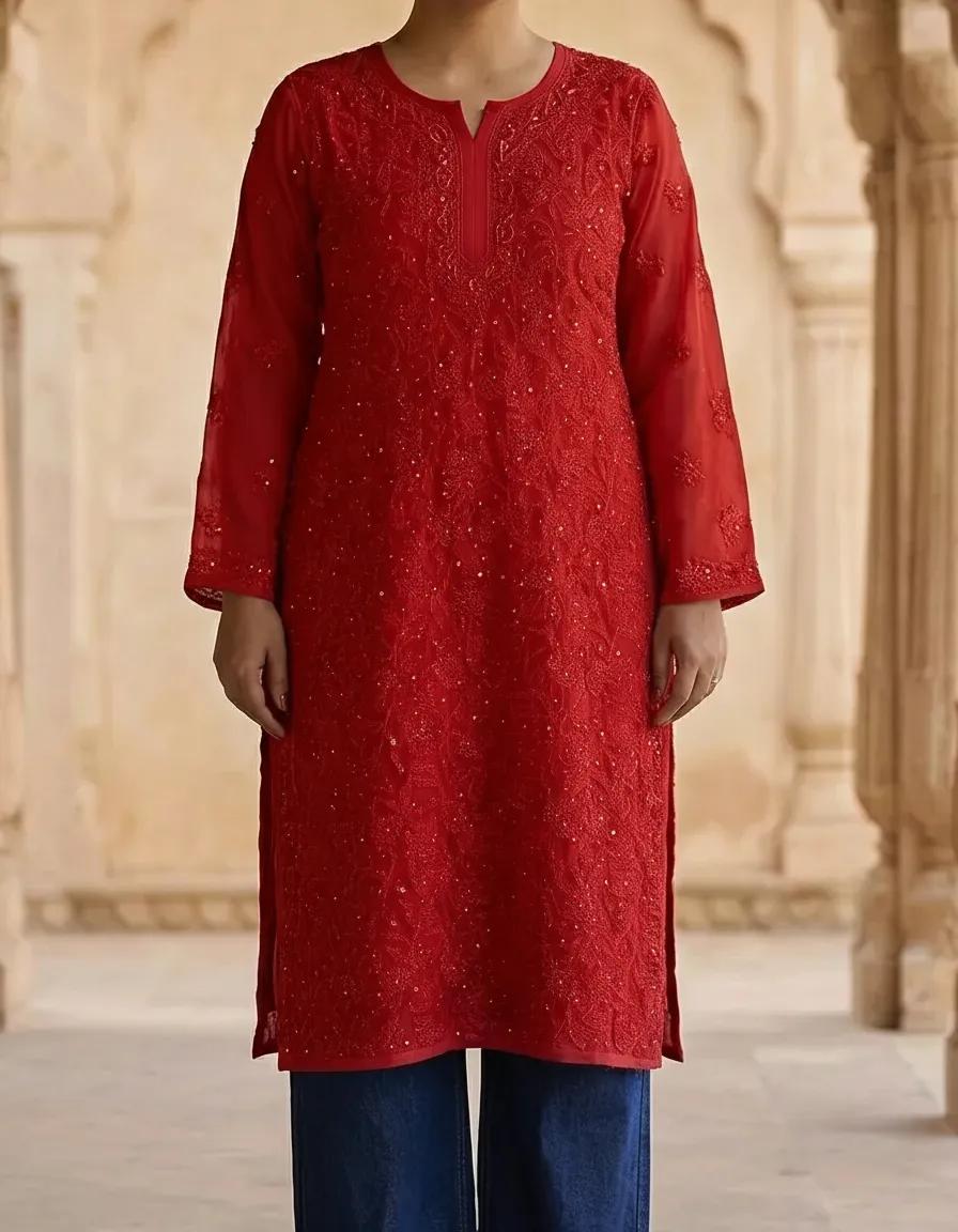 Resham Chikan Readymade Viscose Georgette Kurta Red