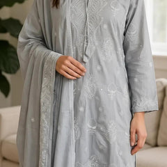 Pure Cotton Grey Semistitched Set With Swarovski Chikankari Work