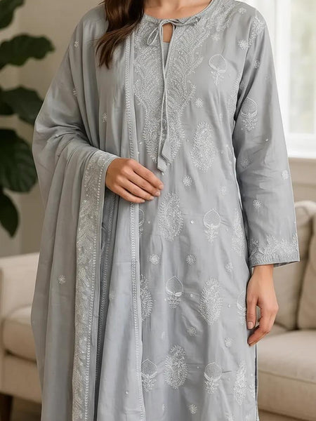Pure Cotton Grey Semistitched Set With Swarovski Chikankari Work