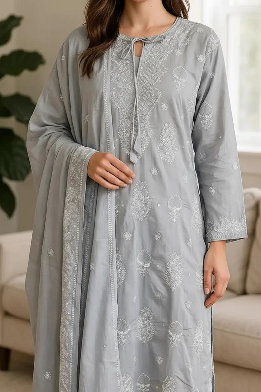 Pure Cotton Grey Semistitched Set With Swarovski Chikankari Work