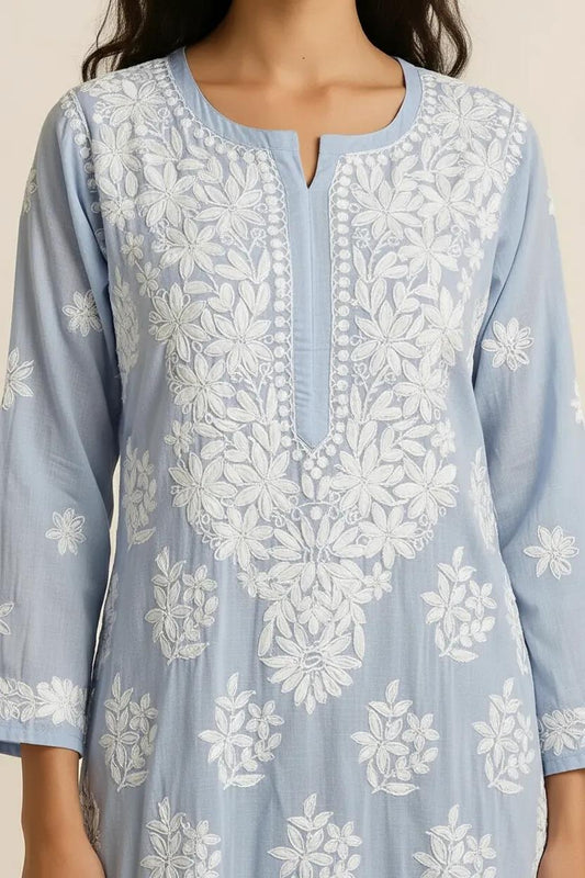 Blue Readymade Mulcotton Chikankari Kurta