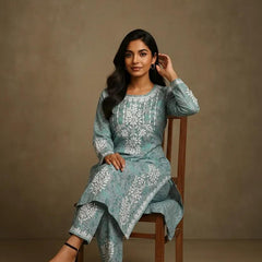 Blue Mulmul Dori Sleeves Kurti Set