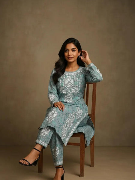 Blue Mulmul Dori Sleeves Kurti Set