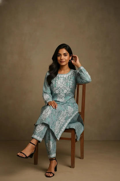 Blue Mulmul Dori Sleeves Kurti Set