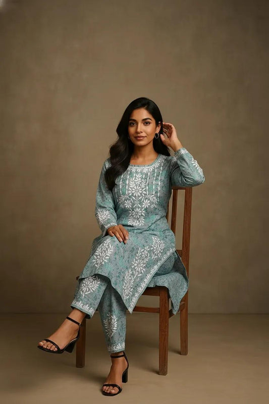 Blue Mulmul Dori Sleeves Kurti Set