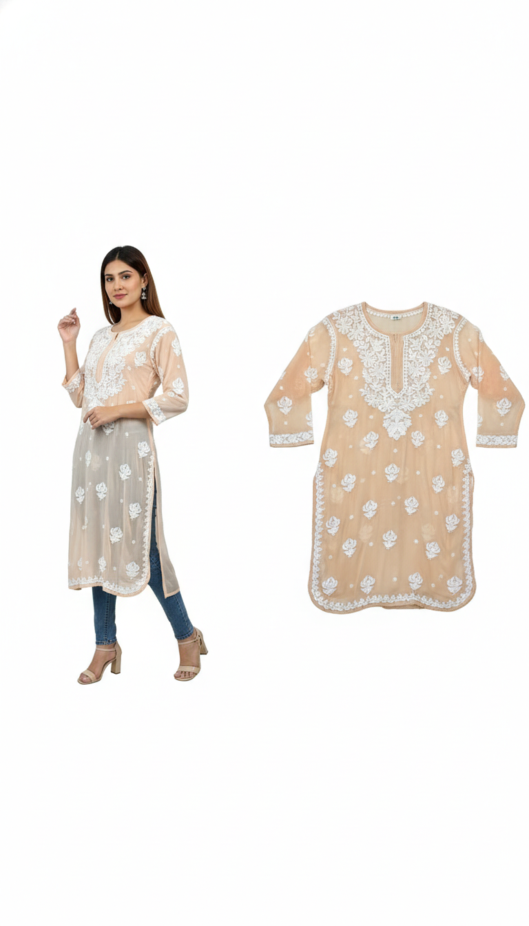 Beige Viscose Georgette Chikankari Readymade Kurta