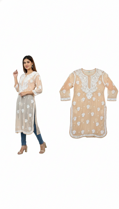 Beige Viscose Georgette Chikankari Readymade Kurta
