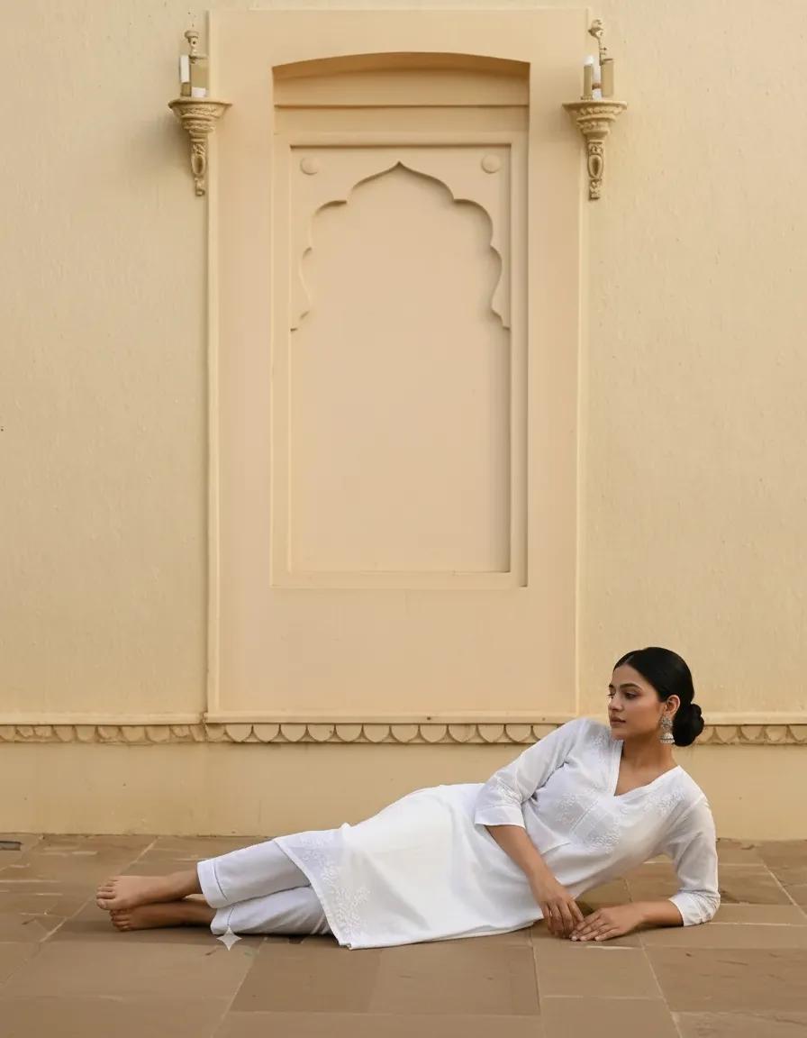 White Cotton Readymade Co-ord Set