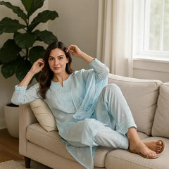 Blue Pure Cotton Unstitched Chikankari Suit Set
