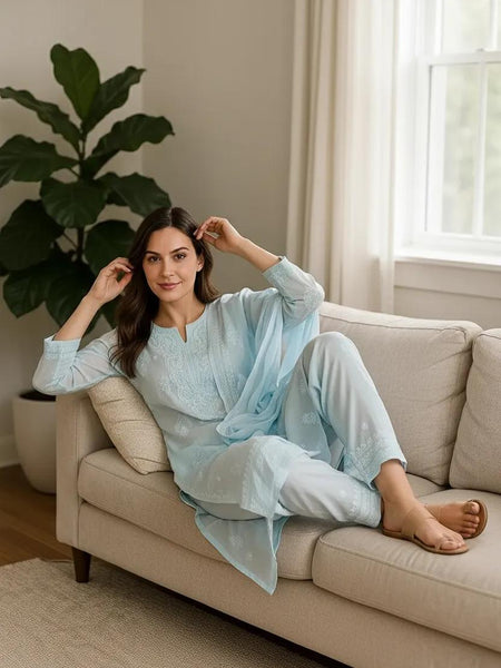 Blue Pure Cotton Unstitched Chikankari Suit Set