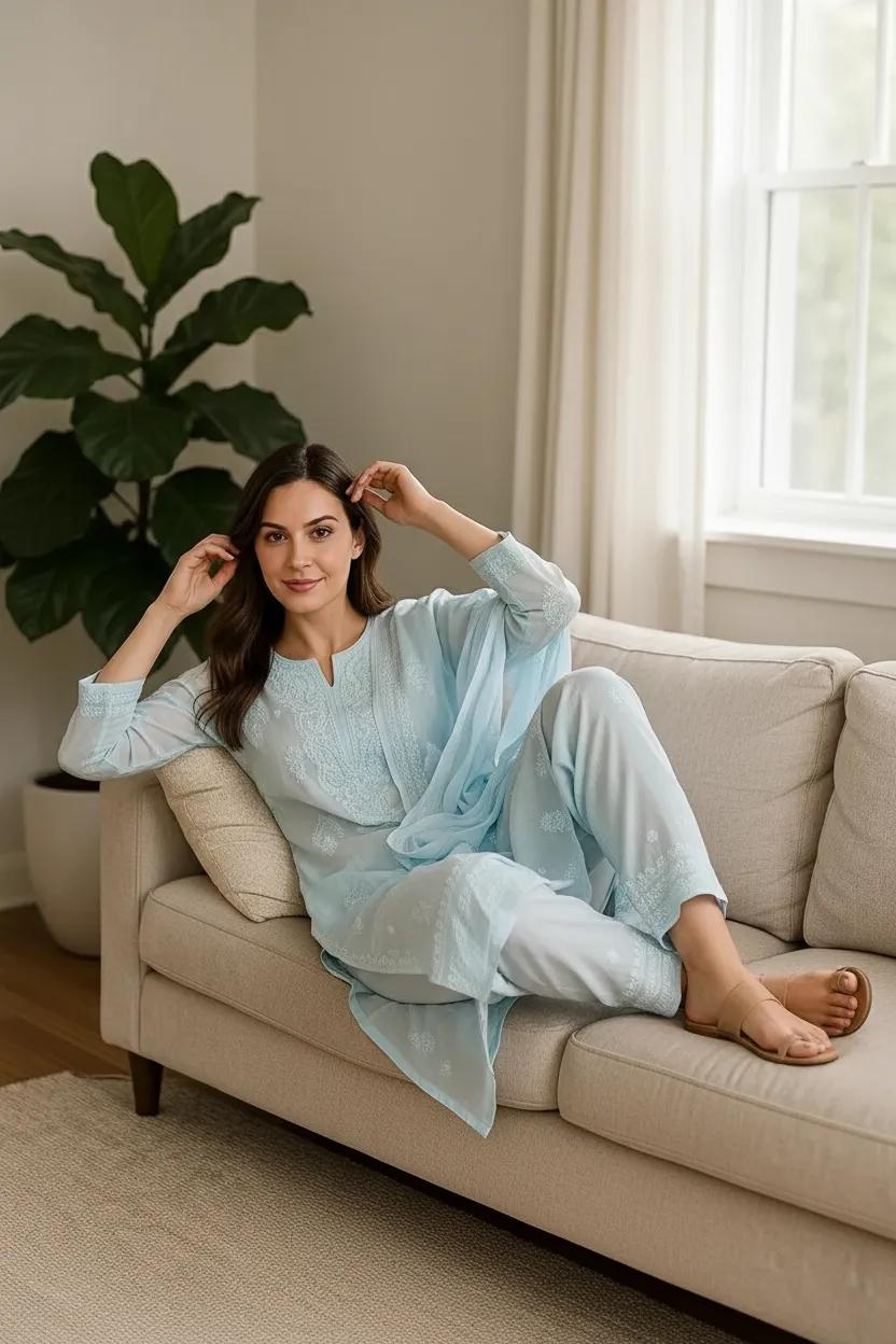 Blue Pure Cotton Unstitched Chikankari Suit Set