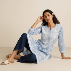 Blue Readymade Mulcotton Chikankari Kurta