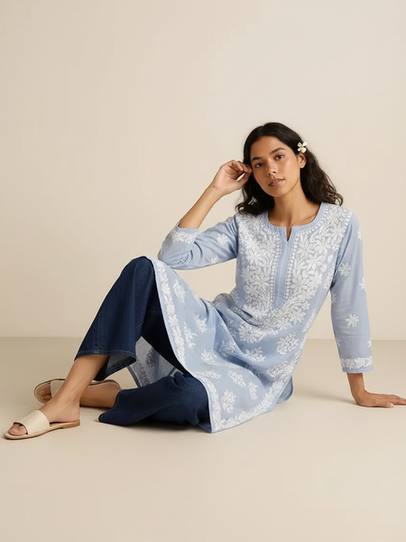 Blue Readymade Mulcotton Chikankari Kurta