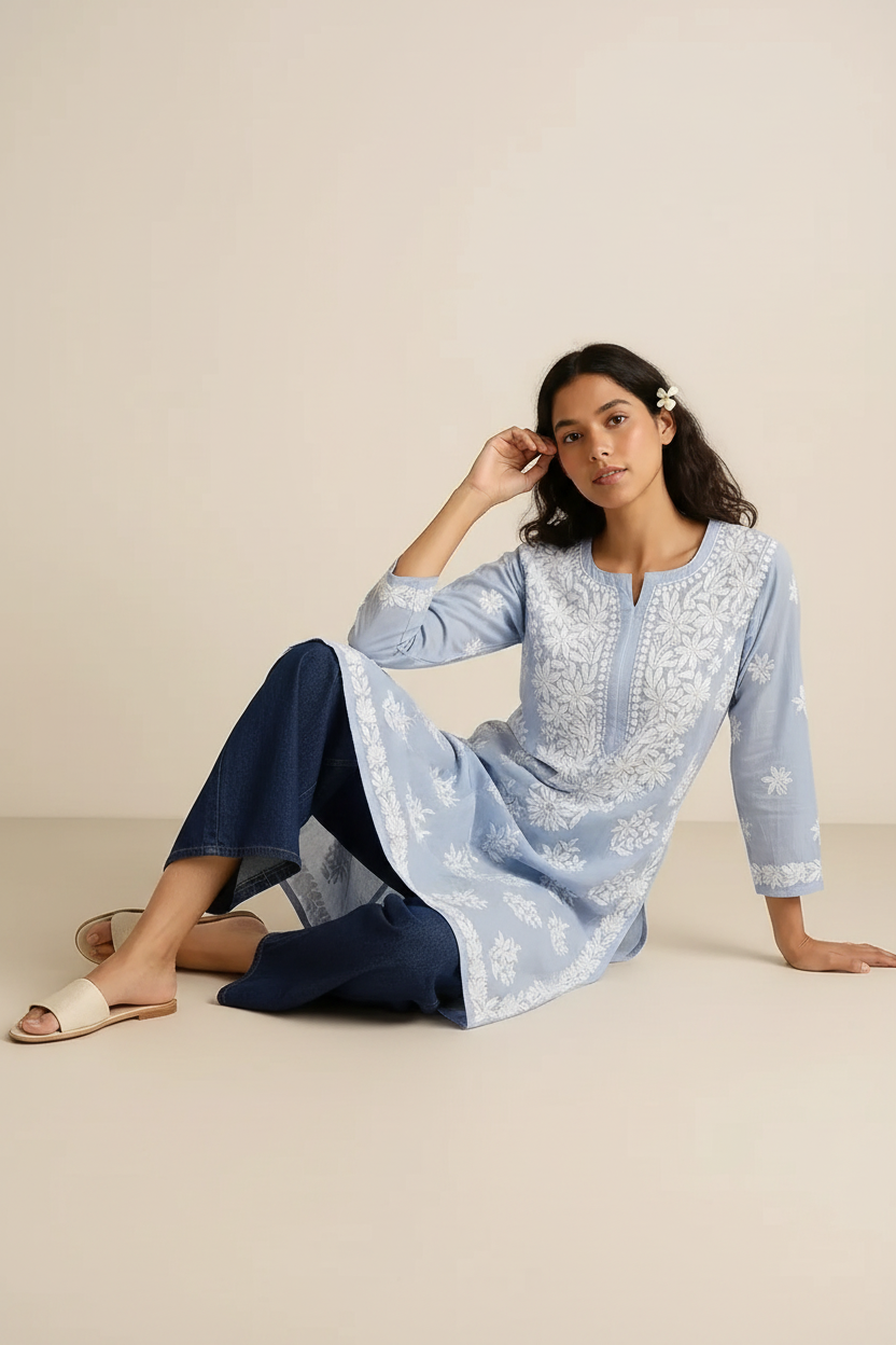 Blue Readymade Mulcotton Chikankari Kurta