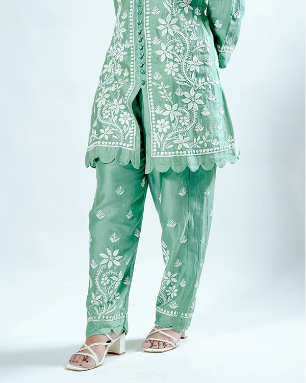 Green Pink Muslin Co-ord Set With Ghaspatti Chikankari Work