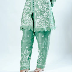 Green Pink Muslin Co-ord Set With Ghaspatti Chikankari Work