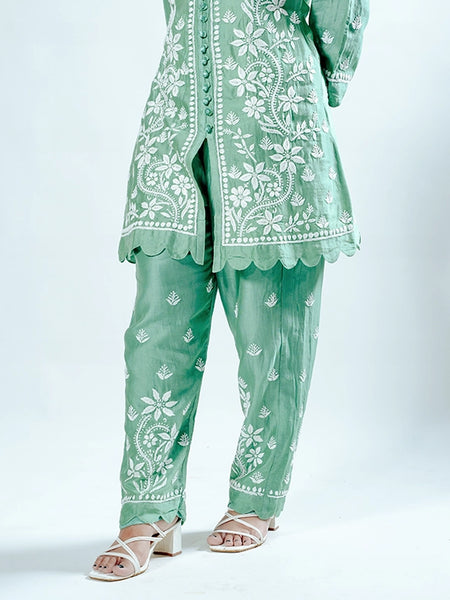 Green Pink Muslin Co-ord Set With Ghaspatti Chikankari Work