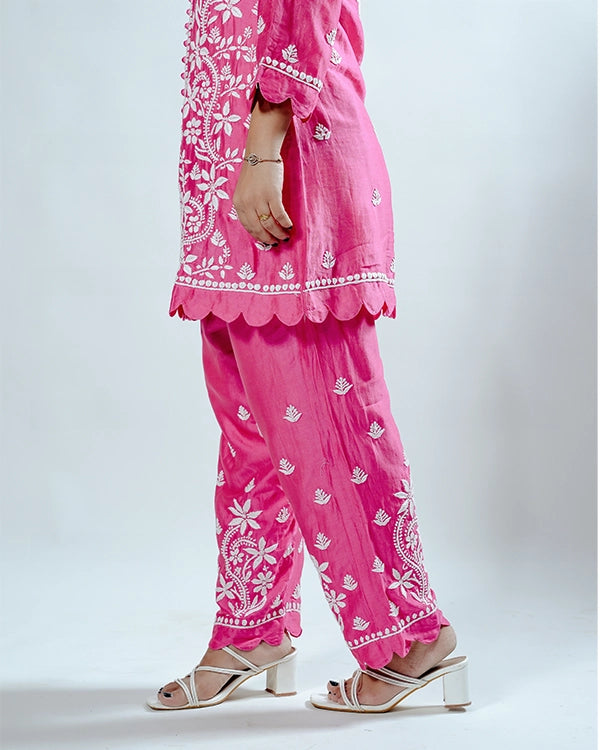 Green Pink Muslin Co-ord Set With Ghaspatti Chikankari Work