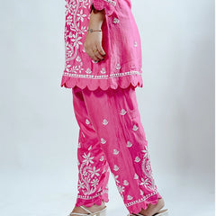 Green Pink Muslin Co-ord Set With Ghaspatti Chikankari Work