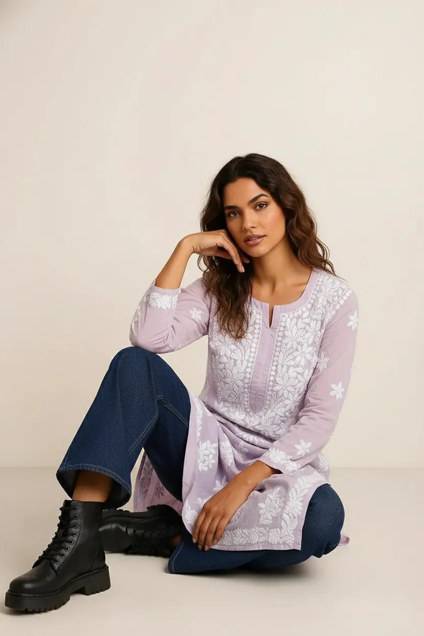 Lavender Readymade Mulcotton Chikankari Kurta