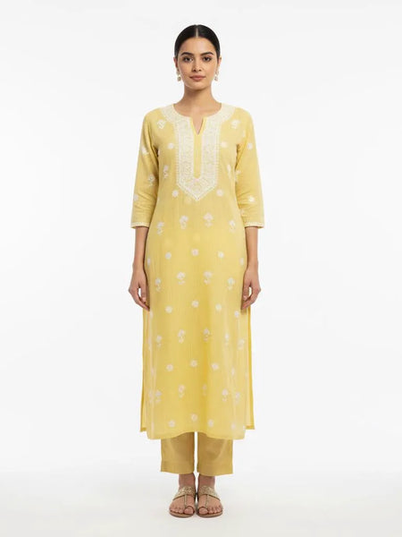 Yellow Chikankari Kota Unstitched Kurta with Pearl Work