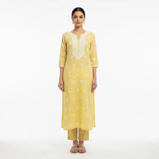 Yellow Chikankari Kota Unstitched Kurta with Pearl Work