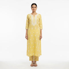 Yellow Chikankari Kota Unstitched Kurta with Pearl Work