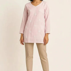 Pink Readymade Cotton Chanderi Top - Shirt