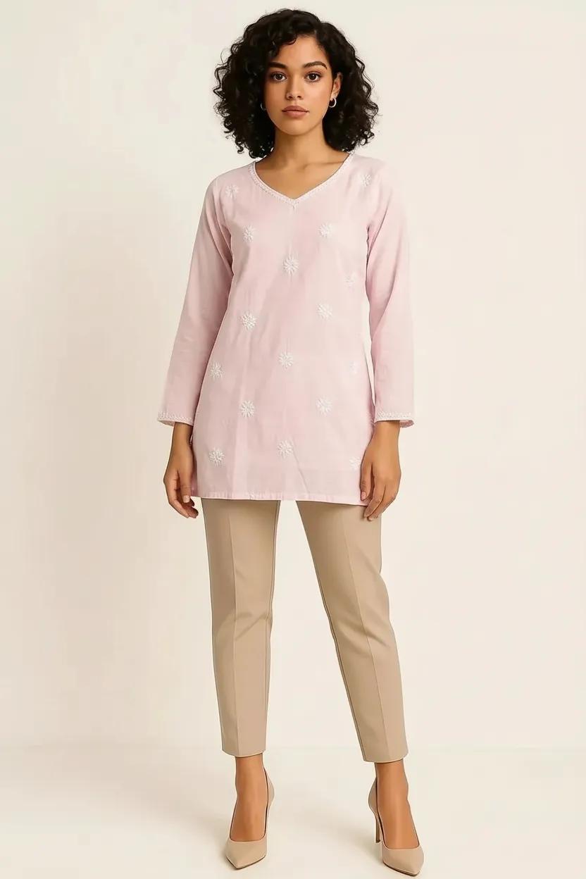 Pink Readymade Cotton Chanderi Top - Shirt