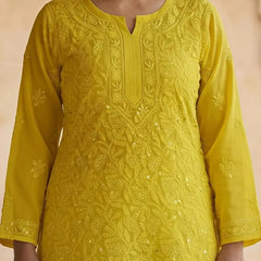 Resham Chikan Readymade Viscose Georgette Kurta Yellow