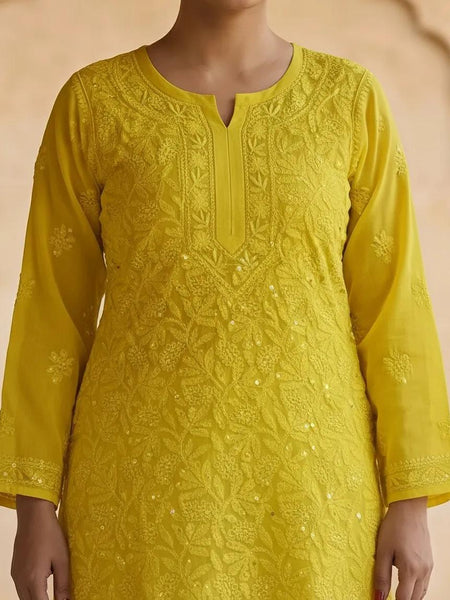 Resham Chikan Readymade Viscose Georgette Kurta Yellow
