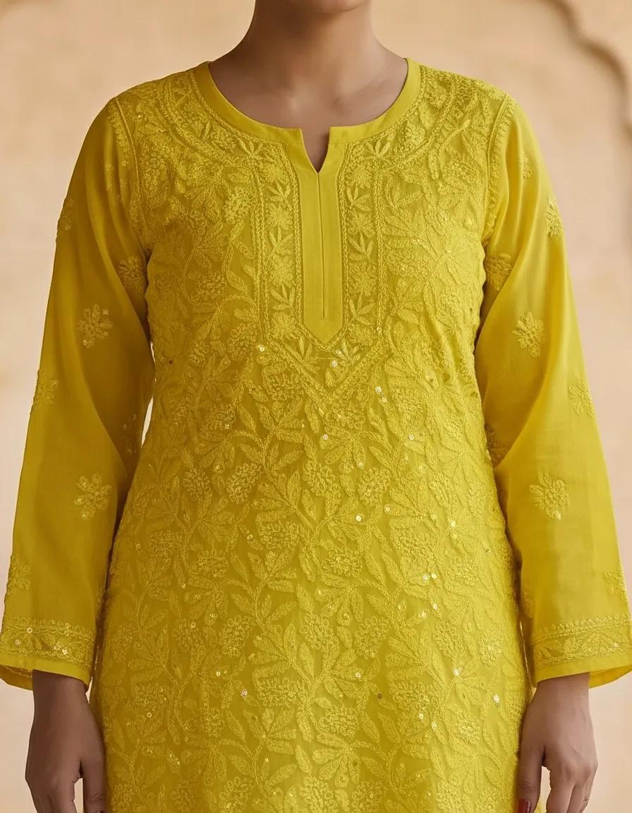 Resham Chikan Readymade Viscose Georgette Kurta Yellow