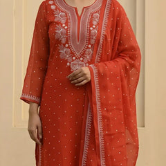Nazaarat Mulchanderi Semistitched Orange Suit With Swarovski Pearl Work